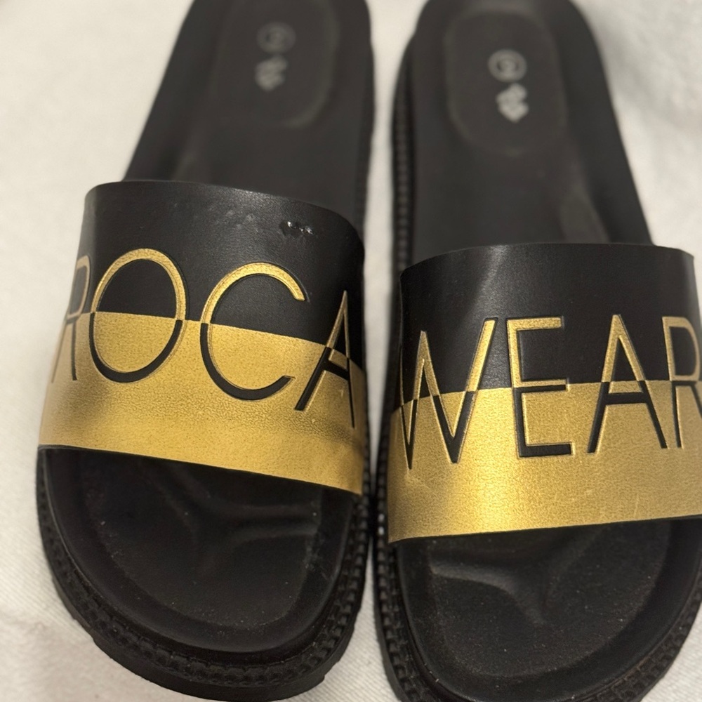 New: Rocawear Black and Gold Women's Slide Sandals (#22)